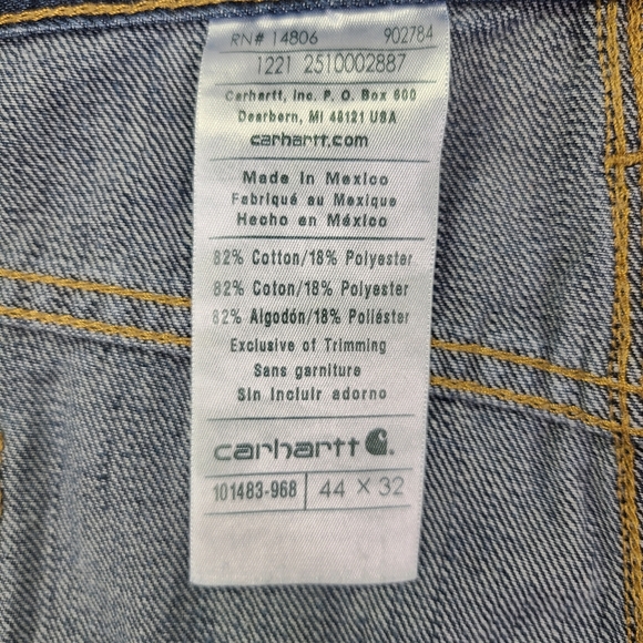 Carhart Men's Blue Denim Jeans Big Relaxed Fit Work Pants 44x32 Leg Hems Clipped - Picture 12 of 16